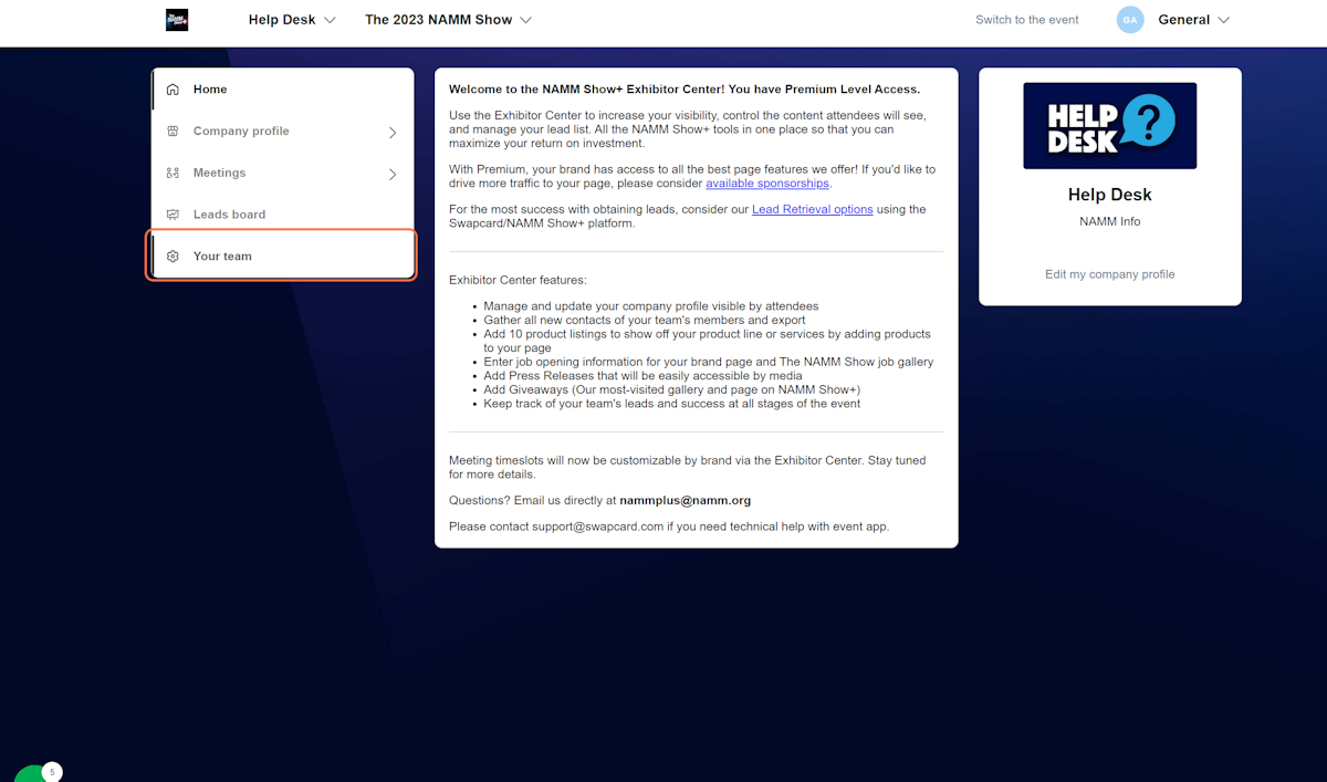 From the Exhibitor Center home, click on 'Your team'