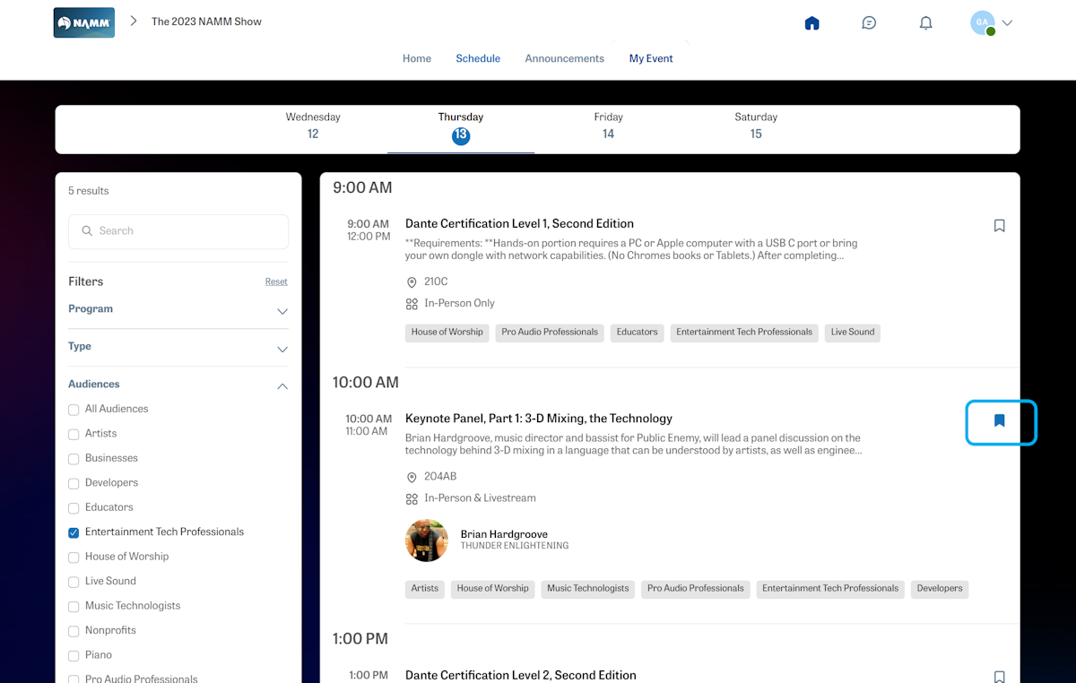 Click the bookmark icon to add events to your personalized event agenda.